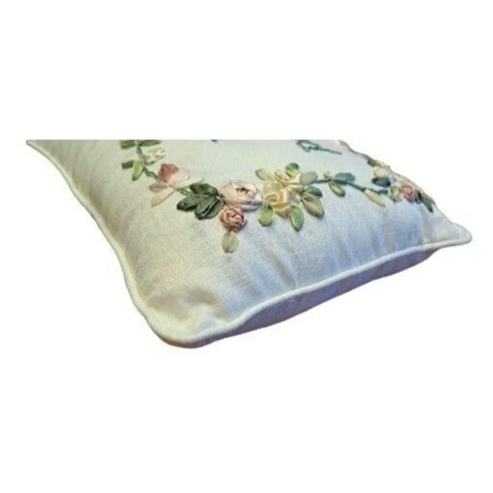 Treasured Friend Ribbon Embroidery Floral Accent Pillow Cream‎ 11x8